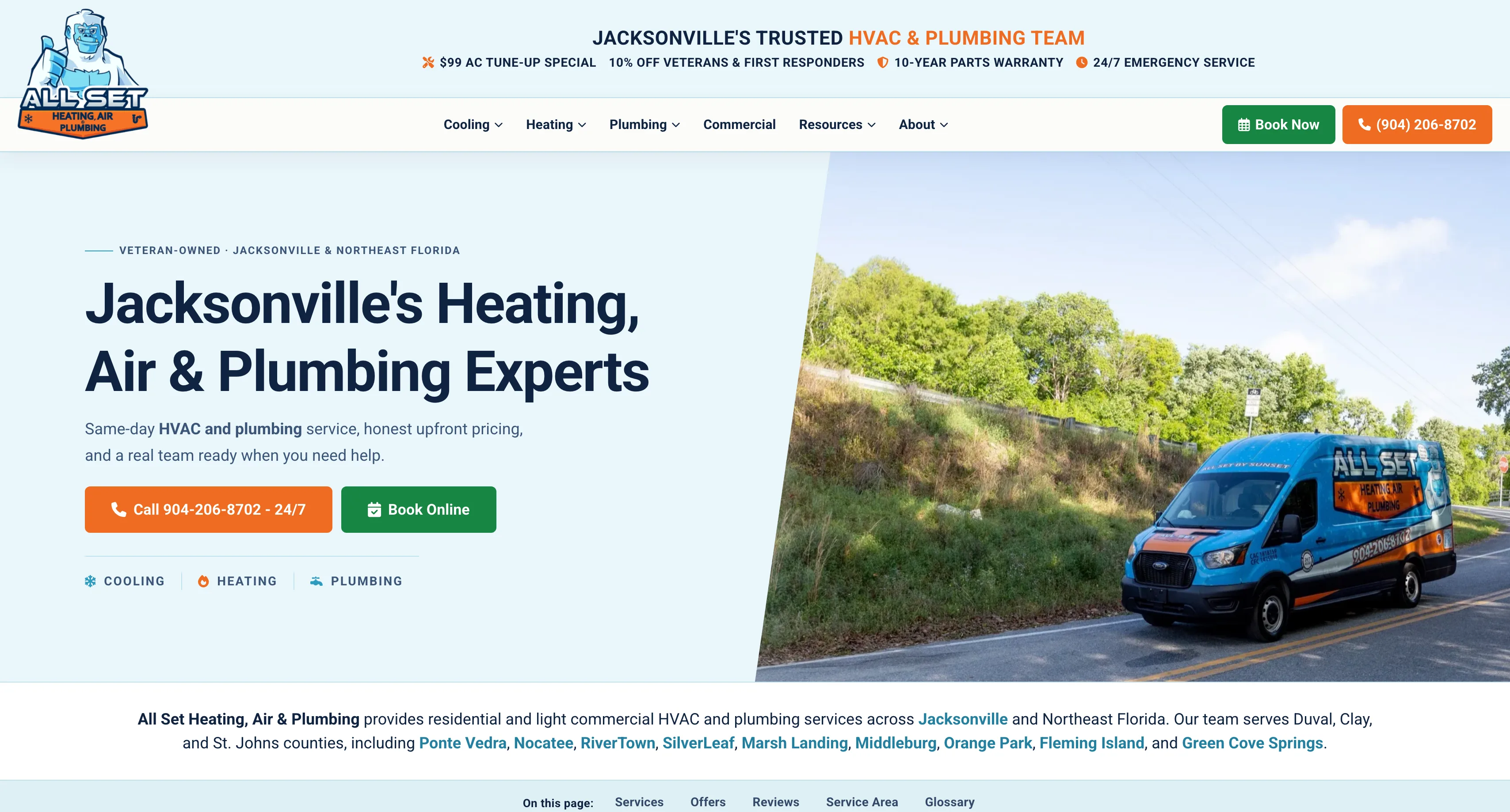 All Set Heating, Air, & Plumbing redesigned homepage screenshot